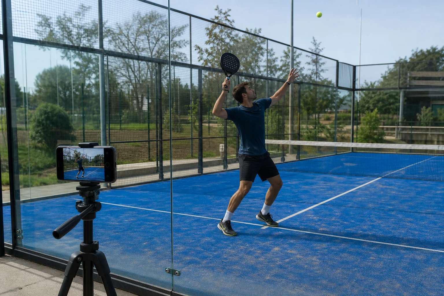 Smartphone auf Stativ filmt einen rechtshändigen Kicksmash und die Rückwand