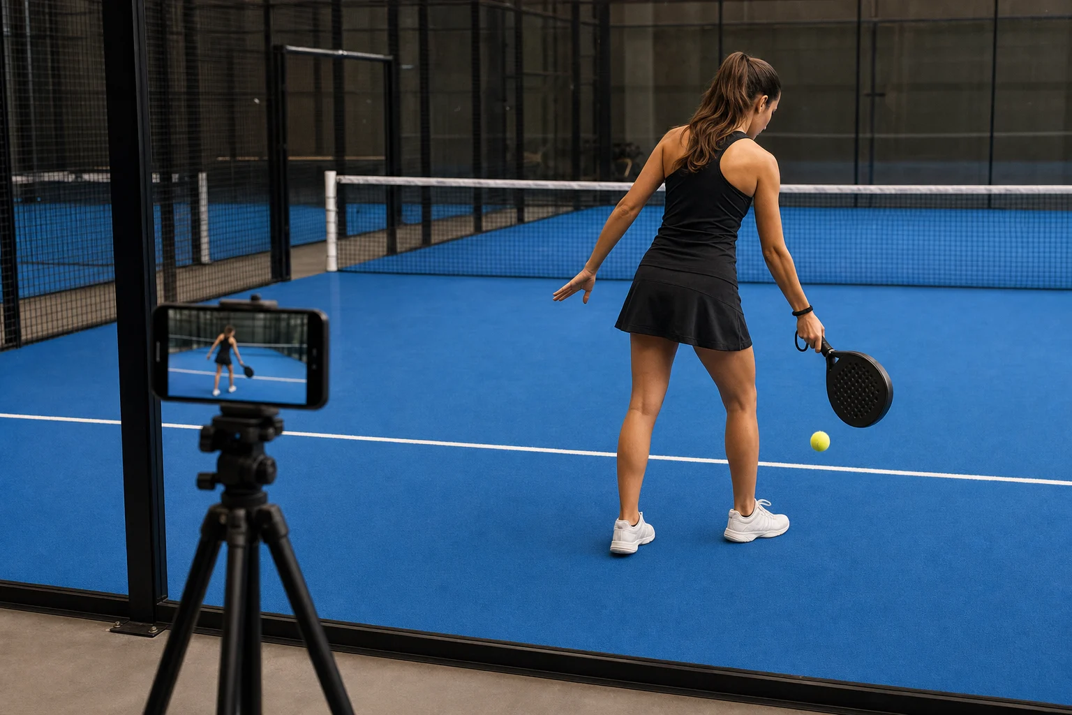Tripod-mounted smartphone filming a right-handed padel serve through the glass